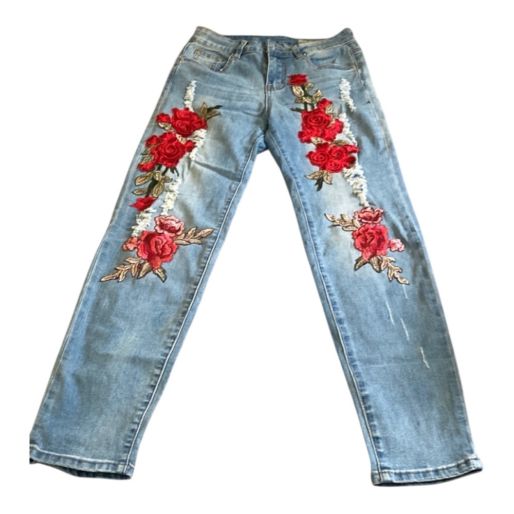Floral Embroidered Blue Jeans
